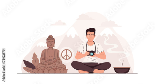 Mindful Photographer Seeking Serenity Amidst Spiritual Reflection and Natural Beauty