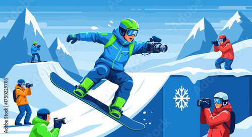 Dynamic Snowboarder Capturing Action While Photographers Document Mountain Adventure