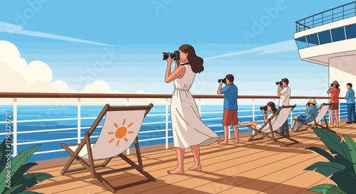 Passengers enjoy leisure time taking photographs on cruise ship deck under blue skies