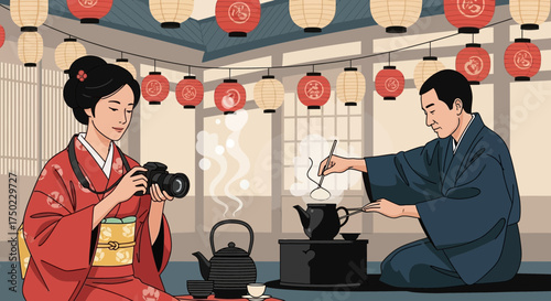 Japanese traditional tea ceremony setting with a modern photography twist, illustration