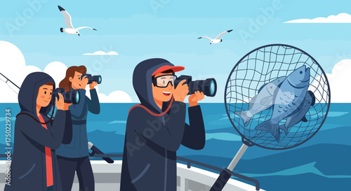Enthusiastic photographers capturing marine life while fishing excursion at sea