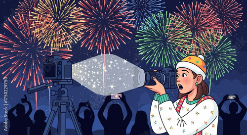 Illustrative Celebration: Capturing Vibrant Fireworks with Joyful Enthusiasm