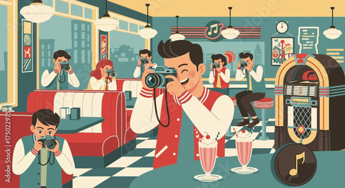 Capturing retro memories, group of photographers at an iconic american diner