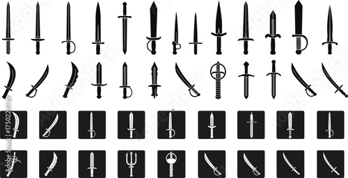 Sword silhouette collection, swords vector illustration. Medieval sword, dagger, cross guard.	
