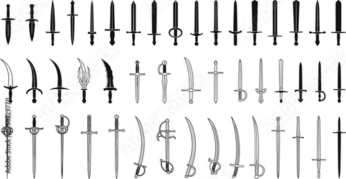 Sword silhouette collection, swords vector illustration. Medieval sword, dagger, cross guard.	
