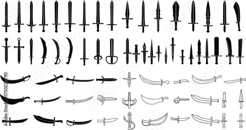 Sword silhouette collection, swords vector illustration. Medieval sword, dagger, cross guard.	

