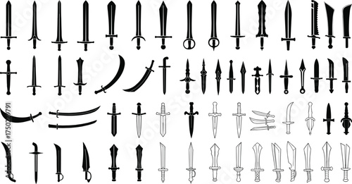 Sword silhouette collection, swords vector illustration. Medieval sword, dagger, cross guard.	
