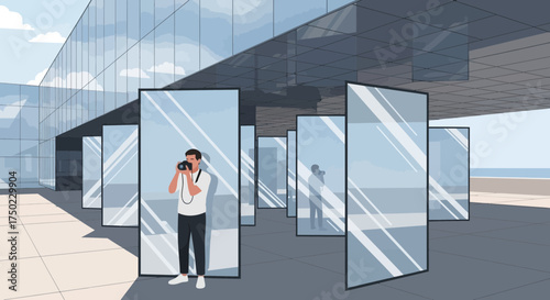 Illustrative portrayal of a photographer amidst reflective architectural structures