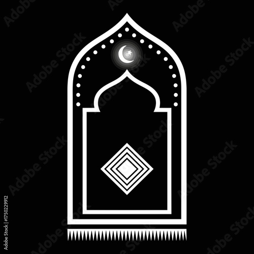 Islamic prayer rug with crescent moon and star motif, symbolizing faith and spirituality in islam, isolated on