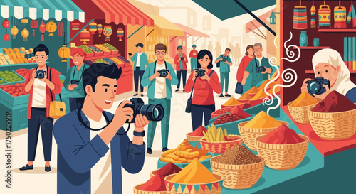 Capturing culture a group of tourists with cameras exploring an asian market