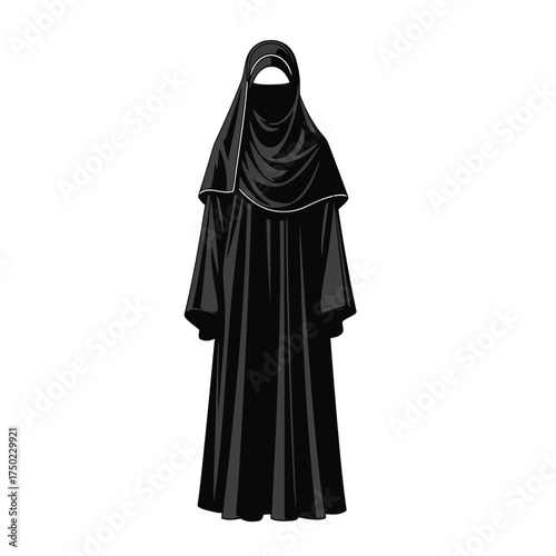 Illustration of a woman wearing a black hijab and abaya