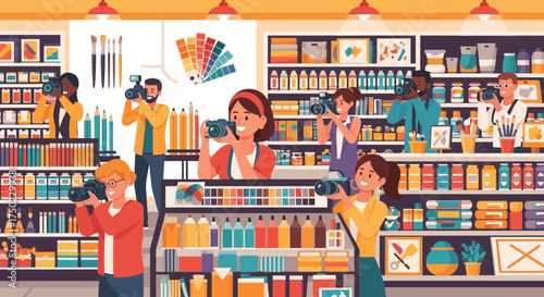 Diverse photographers capturing artistic products in a vibrant art supply store