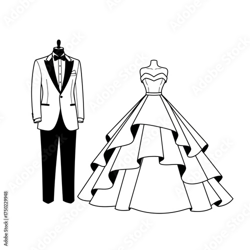 A formal tuxedo on a mannequin and a tiered wedding dress on a mannequin