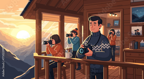 Illustrative family excursion capturing scenic landscape from mountain chalet
