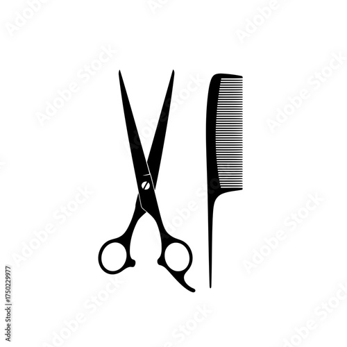 Black silhouette of barber scissors and a comb