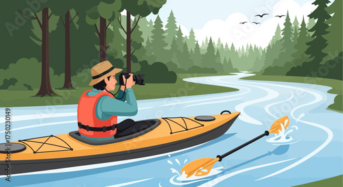 Illustrative scene of a kayaker capturing riverside scenery with a camera