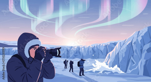 Arctic photographers capturing the ethereal dance of the aurora borealis over icy glaciers