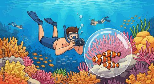 Cartoon illustration of underwater marine life, divers, and clownfish captured in bubble