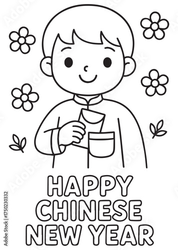 coloring book boy smiling with flowers and stars on chinese new year