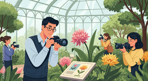 A group of photographers capturing the beauty of flora inside a glasshouse