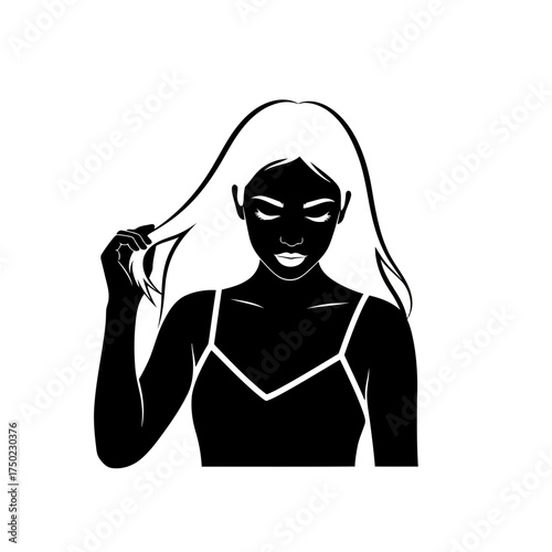 Silhouette of a woman with long flowing hair, touching her hair, wearing a camisole