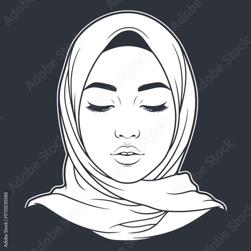 Beautiful muslim woman wearing a hijab, elegant and serene portrait, black and white illustration, representing faith and modesty