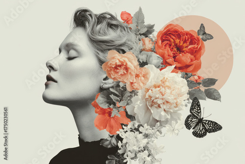 Portrait of a serene woman with a headful of vibrant flowers, soft monochrome face contrasted by bright petals, and delicate butterflies accenting a dreamlike collage.