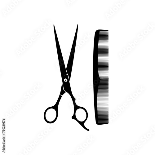 A black silhouette of a pair of scissors and a comb isolated on a, representing hairdressing and grooming tools