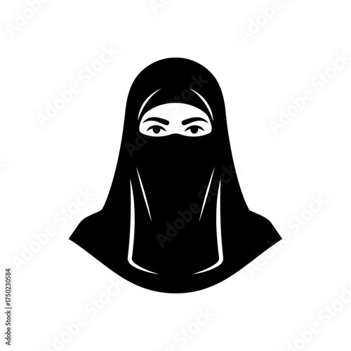 Black and white illustration of a woman wearing a hijab and niqab
