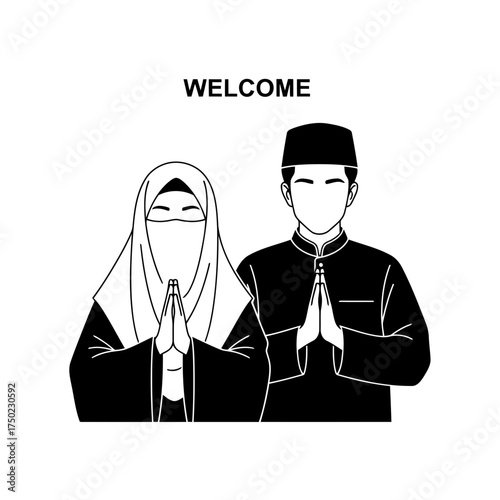 Welcome illustration of a muslim couple in traditional attire, hands pressed together in greeting