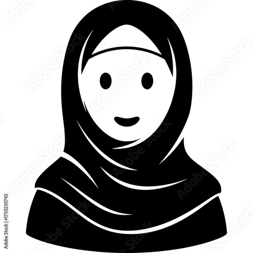 Simple black and white icon of a muslim woman wearing a hijab