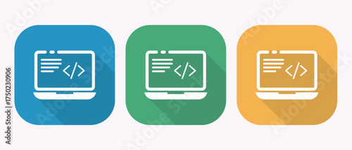 Software Development App Icon With Angle Brackets Blue Green Gold Laptop Long Shadow Design