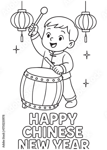 coloring book boy playing drum under lanterns chinese new year