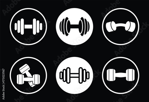 Dumbbell Fitness Strength Exercise Icons Weightlifting Graphic Element Set Isolated on Black Background