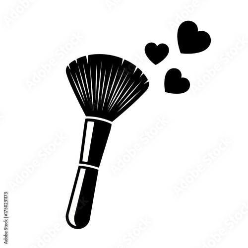 A black silhouette of a makeup brush with three black hearts floating away from it, isolated on a