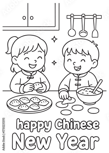 coloring book children making dumplings together chinese new year