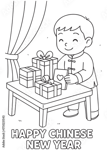 coloring book boy placing gifts on table chinese new year
