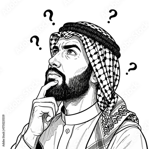 A thoughtful arab man with a beard, wearing a keffiyeh, with question marks floating around his head, contemplating a difficult problem