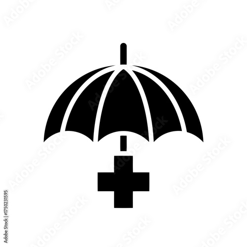 Black silhouette of an umbrella with a medical cross underneath, symbolizing health insurance and protection