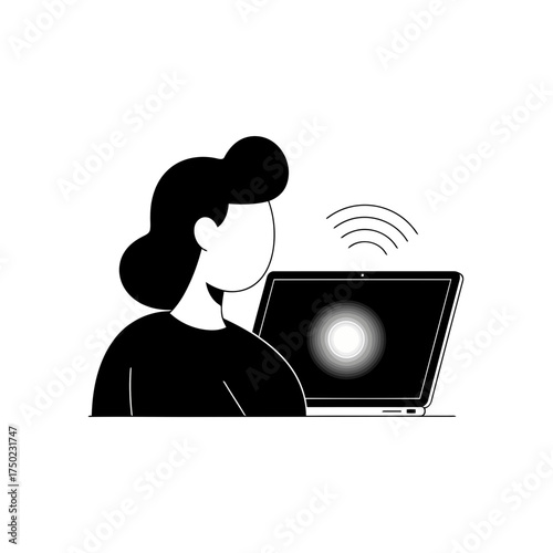 Person interacting with a laptop, with sound waves emanating from the screen