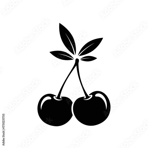 A simple black and white illustration of two cherries with leaves and stems