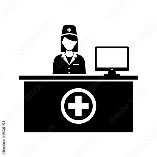 Illustration of a nurse standing behind a reception desk with a computer and a medical cross symbol