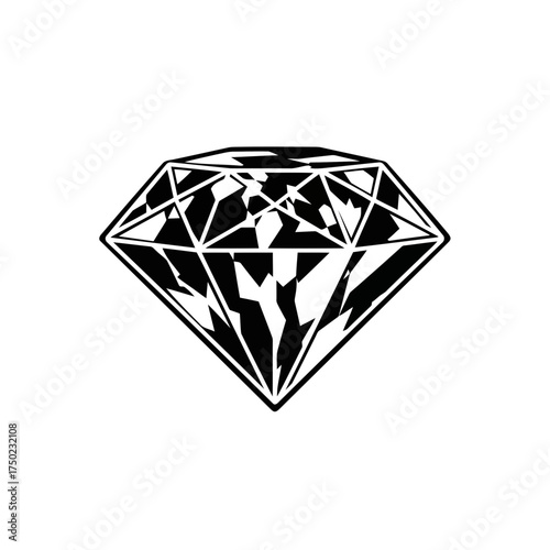A stylized black and white diamond illustration, isolated on a, showcasing sharp facets and geometric patterns