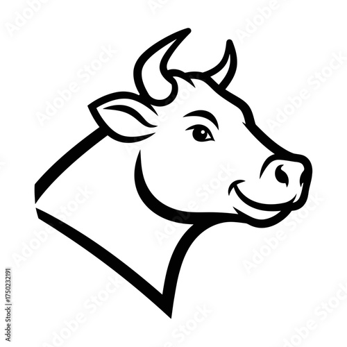 Illustration of a cows head in a simple black and white line art style, isolated on a