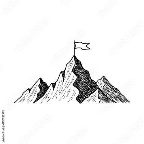 Hand drawn sketch of a mountain peak with a flag on top, symbolizing achievement and success