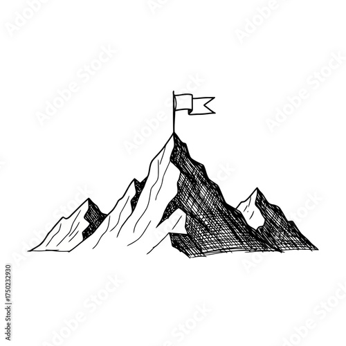 Handdrawn sketch of a flag planted on a mountain peak, symbolizing achievement and success