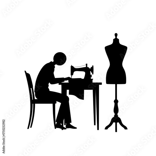 Silhouette of a person sitting at a table sewing with a sewing machine next to a mannequin