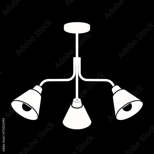 Modern white threearm ceiling light fixture with conical shades, isolated on