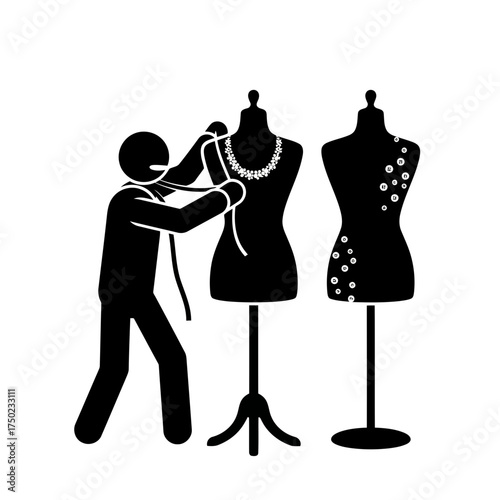 Tailor measuring a mannequin with a necklace, another mannequin with floral pattern