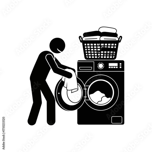 Stick figure person loading laundry into a washing machine with a basket of clothes on top